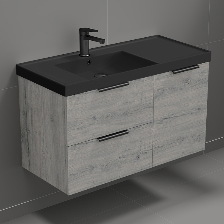 Nameeks LISBON19 Grey Oak Bathroom Vanity With Black Sink, Modern, 36 Inch, Wall Mounted